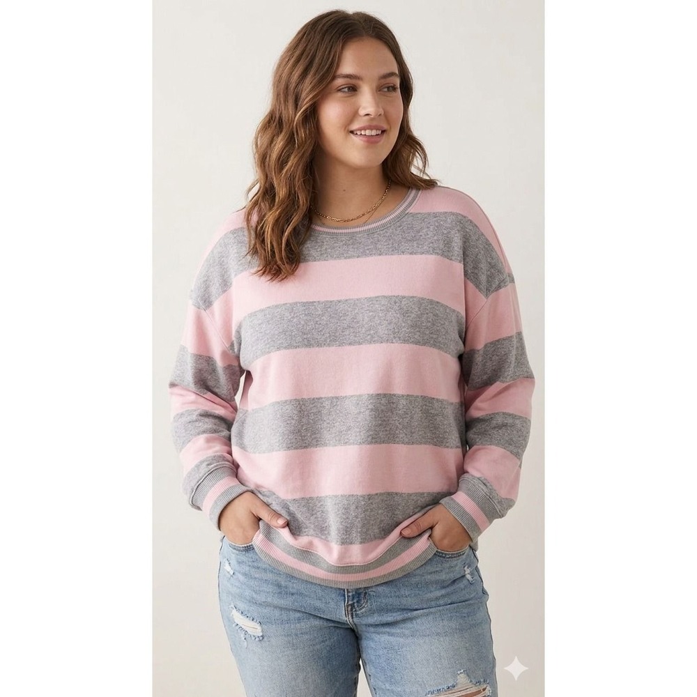 Torrid Pink Grey Striped Fleece Crewneck Sweatshirt Plus Size 2